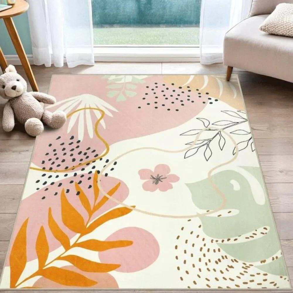 New 5x7 Pink Washable Rug, Soft Low Pile Botanical Carpet for Nursery & Room